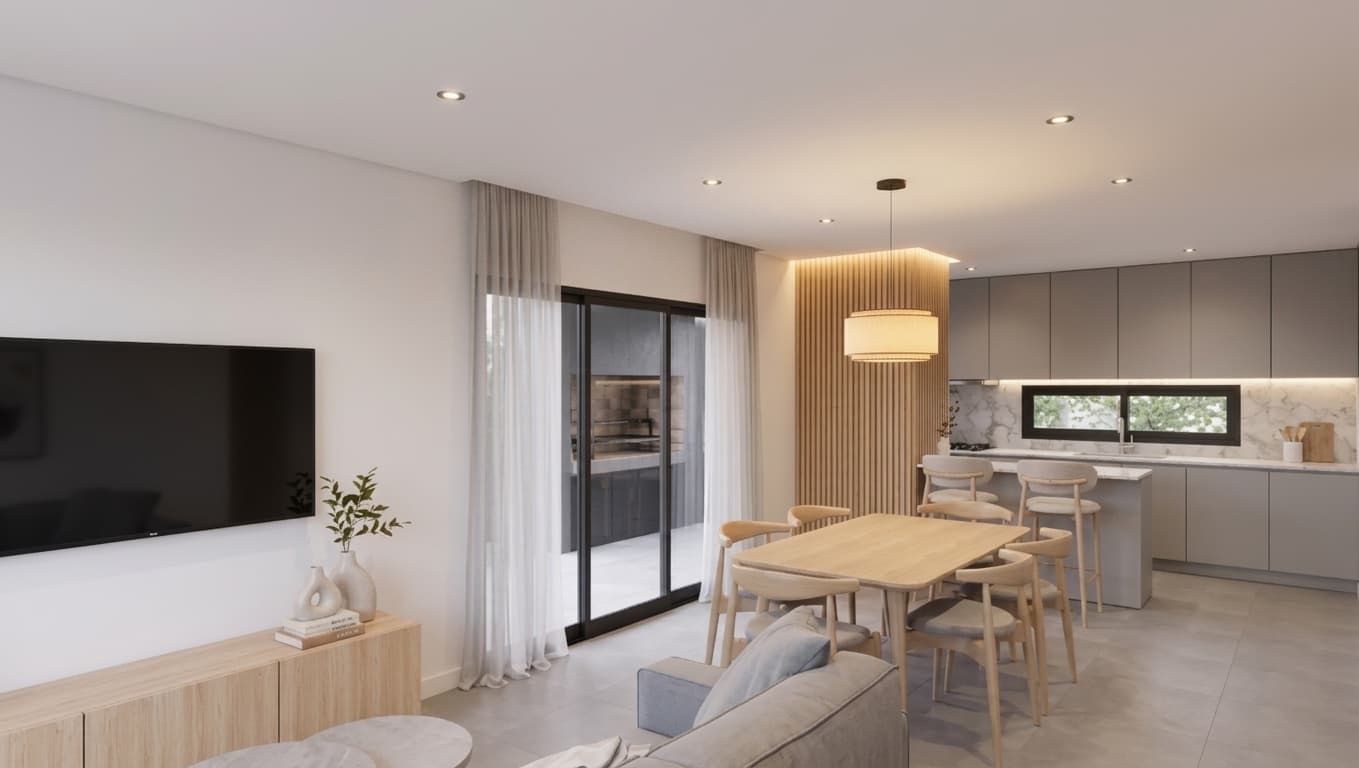 Cocina integrada al living del modelo RS 70