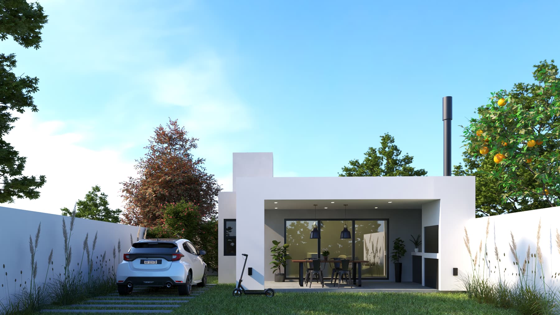 Render del proyecto arquitectónico de una vivienda Rafaela Steel